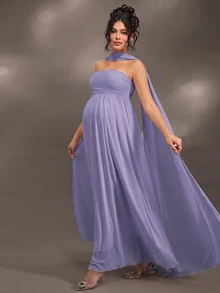 Cheriluna Maternity Elegant Ruffle Detail Solid Color Off-Shoulder Sleeveless Maternity Dress For Baby Shower, Christmas Party - Purple - View 1
