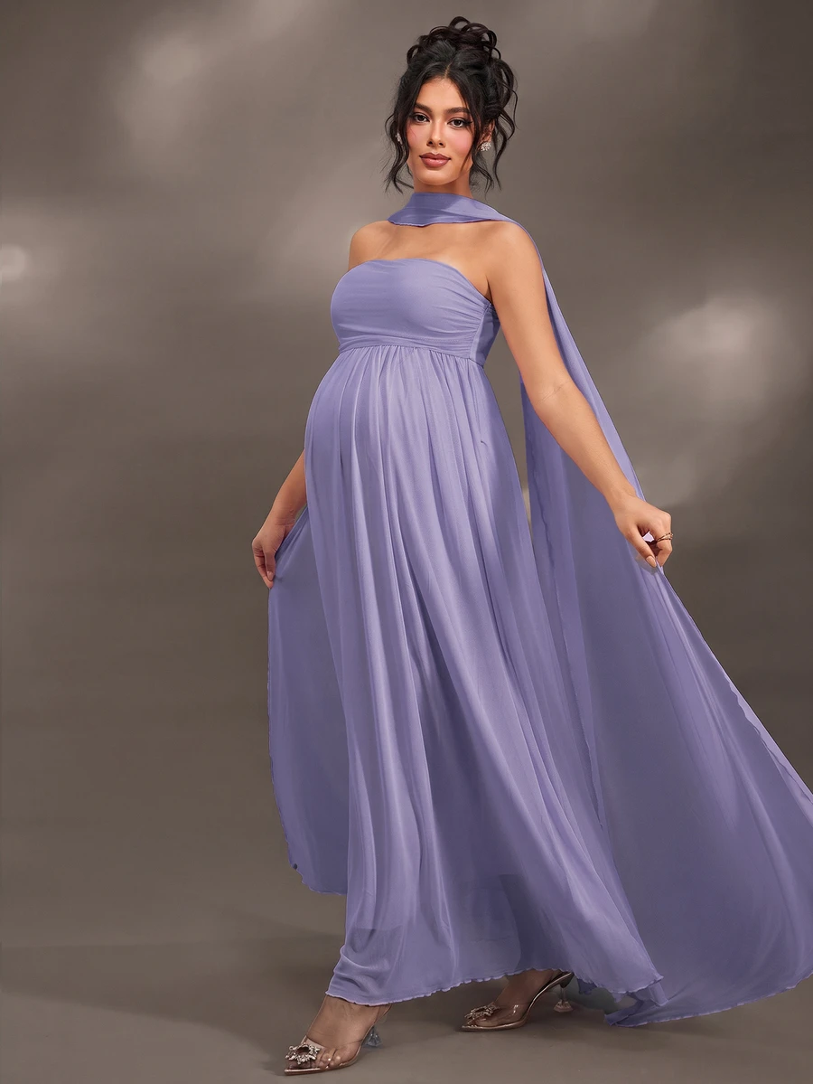 Cheriluna Maternity Elegant Ruffle Detail Solid Color Off-Shoulder Sleeveless Maternity Dress For Baby Shower, Christmas Party - Purple - View 1