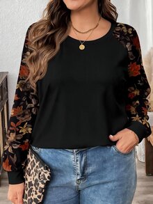 SHEIN LUNE Plus Size Women's Vacation Patchwork Floral Print Raglan Long Sleeve Round Neck T-Shirt - Multicolor - View 4