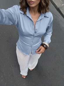 Firerie 女款長袖襯衫，後腰收腰設計，日常通勤與夜晚外出襯衫，度假襯衫，春夏秋冬四季穿著，優雅性感 - 藍色 - 查看 7
