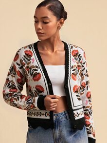 Travachic Women's Autumn/Winter Floral Pattern Long Sleeve Single-Breasted Casual Knit Cardigan - Multicolor - View 7
