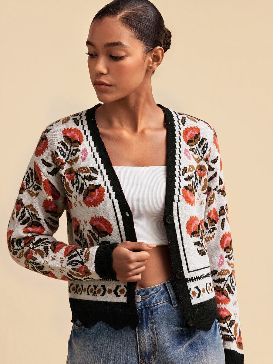 Travachic Women's Autumn/Winter Floral Pattern Long Sleeve Single-Breasted Casual Knit Cardigan