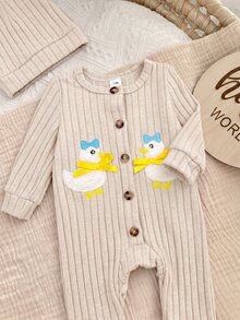 SHEIN 新生兒卡通鴨子刺繡設計蝴蝶結裝飾單排扣長袖居家連身衣 - 卡其色 - 查看 4
