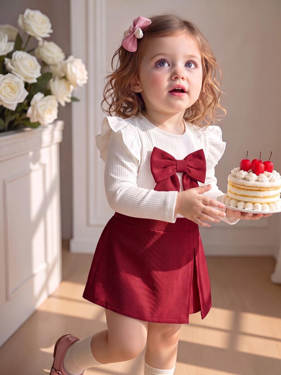 Souflis Souflis 2pcs Baby Girls Princess Big Bow Trim Rib Knit Ruffle Shoulder Corduroy A Line Skirt T Shirt Set Christmas Party Homecoming Fall Style Fall Outfits - Red - View 1