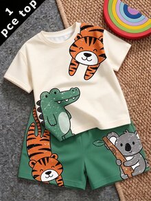 男嬰休閒簡約上衣 春/夏款，經典可愛卡通蠟筆手繪動物印花，鱷魚、老虎、熊、樹懶圖案 - 白色 - 查看 1
