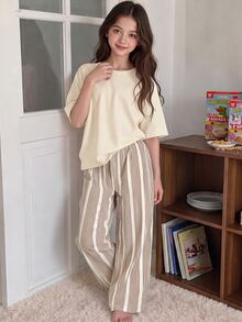 少女休閒甜美風極簡條紋圓領短袖長褲家居服套裝，適合日常居家穿著，舒適自在，休閒穿搭，時尚少女風 - 彩色 - 查看 1