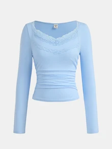 SHEIN Teen Girl Knit Blue Contrast Lace Trim V-Neck Long Sleeve Slim Fit T-Shirt - Baby Blue - View 4
