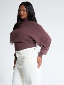 MUSERA Plus Size Brown Knit High Neck Fitted Cinched Jumper Top Fall Autumn Winter Women Outfit Day Outfit Casual - Brown - View 2