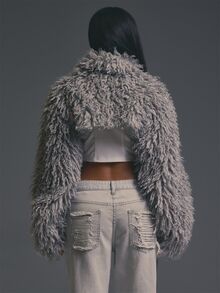 MUSERA Grey Faux Fur Frill Detail Extreme Crop Top Jacket Outfits Evening Fall Autumn Winter Halloween Party Going Out Concert Rave Disco Graphic Camo Sexy - Grey - View 4