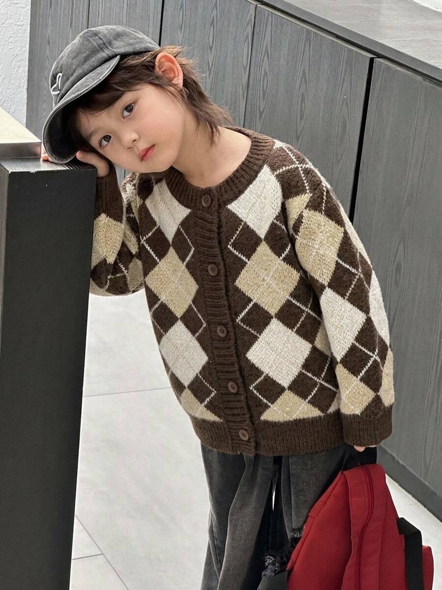 DAZY Young Boy Diamond Grid Casual Daily Long Sleeve Sweater - Brown - View 1