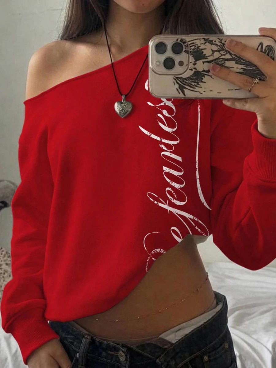 SHEIN EZwear 女款露肩寬鬆休閒長袖衛衣,街頭英文時尚圖案 - 紅色 - 查看 1