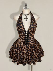 SHEIN ICON Gaun Kasual Wanita Ukuran Plus Motif Leopard dengan Desain Tali Pengikat untuk Musim Panas, Model Halter Neck - Coklat - View 3