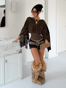 EgrlEra Sexy Lace Hollow Out Pullover Shrug Top, Tight Backless Camisole Tank Top 2pcs Set - Brown - View 4