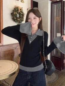 DAZY Sweater Rajut Berkerah Lengan Panjang Slim Fit Warna Hitam & Abu-abu 2 in 1 untuk Musim Gugur/Dingin, Cocok untuk Kencan dan Aktivitas Sehari-hari, Kasual Manis untuk Wanita - Hitam - View 2
