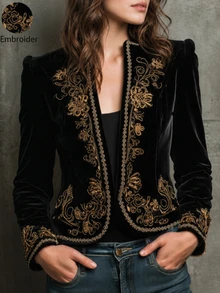 LUMIGAL Black Velvet Embroidered Lace Trim Vintage Women's Jacket - Black - View 1