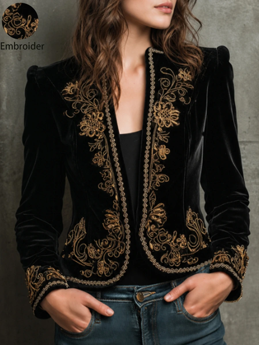 LUMIGAL Black Velvet Embroidered Lace Trim Vintage Women's Jacket - Black - View 1
