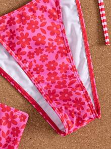 SHEIN SunnyBelle 女款休閒度假海灘派對優雅掛脖比基尼泳褲3件式泳衣套裝新款 - 玫紅色 - 查看 6