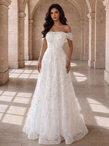 Coutiva Off-Shoulder Heavy Beaded Embroidery Mesh A-Line Train Evening Gown - White - View 5