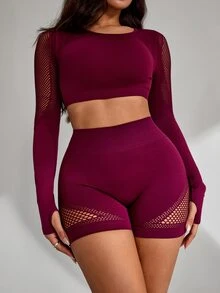 Slayform Setelan Olahraga Wanita Tanpa Jahitan Seksi Berbahan Jala, Atasan Lengan Panjang dan Celana Pendek Tanpa Punggung, Cocok untuk Lari, Olahraga, dan Yoga - Red Violet - View 6