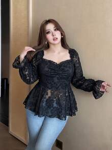 Vibekara New Elegant Sweet Chiffon & Contrast Lace Puff Sleeve Blouse, Frill Trim Cropped Shirt For Women, Slim Fit Fall - Black - View 6