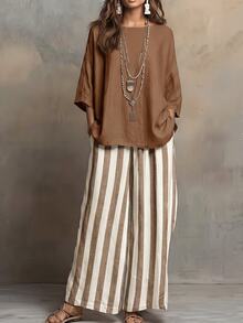 Linhara CURVE Plus Size Women's Casual Top & Striped Wide Leg Pants Two Pieces Outfit Women Loose Everyday Chic Co-Ord Set - Multicolor - View 3