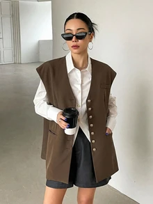 DAZY 商務休閒鈕扣式西裝背心外套 - 棕色 - 查看 3
