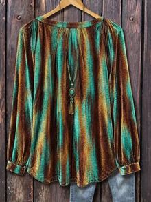Linhara Baju Wanita Ukuran Besar Musim Gugur/Dingin Minimalis Serbaguna Retro Multi-Warna Bahan Fleece Korea Motif Acak Lengan Panjang Leher Bulat Desain Lipit Cocok Untuk Dipakai di Musim Gugur/Dingin - MultiWarna - View 2