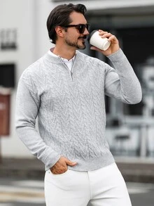 Marcello Vane 男士半高領長袖套頭毛衣，休閒針織秋冬服飾，淺灰色寬鬆版型時尚通勤穿搭，百搭半拉鍊麻花編織套頭毛衣 - 淺灰色 - 查看 6