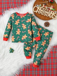 SHEIN Infant Toddler Cute Gingerbread Man Print Pattern Fitted Loungewear Set - Green - View 1