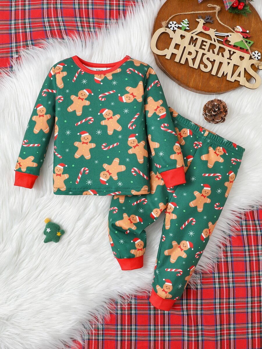 SHEIN Infant Toddler Cute Gingerbread Man Print Pattern Fitted Loungewear Set - Green - View 1