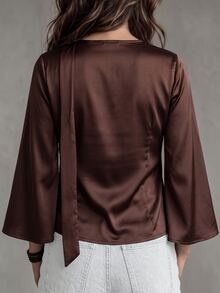 SHEIN LUNE 女款素色對比蕾絲單排扣長袖優雅襯衫 - 咖啡棕 - 查看 2