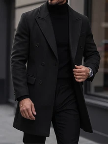 Manfinity Bizformal Men's Solid Color Long Sleeve Casual Double-Breasted Overcoat - Black - View 6