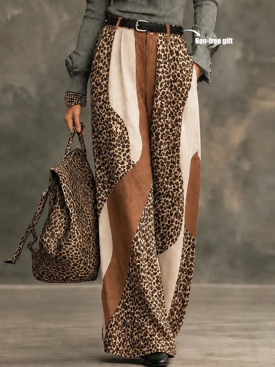 LUMIGAL Premium Casual Commuter Loose Leopard Print Pants With Belt - Multicolor - View 1