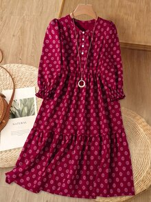 Rusticease Plus Size Button Crew Neck Long Sleeve Pleated Dress - Burgundy - View 10