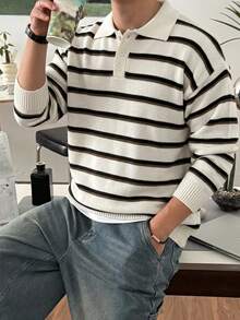 DAZY 秋冬款白色、黑色、棕色條紋 Polo 領男士毛衣 - 白色 - 查看 7