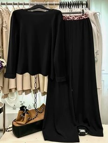 GlowEve CURVE Plus Size Knit Solid Color Cardigan With Front Buttons, Striped Slim Fit Camisole With Drawstring Decor, Elegant Casual Commute Daily Outing Long Pants - Pink - View 2