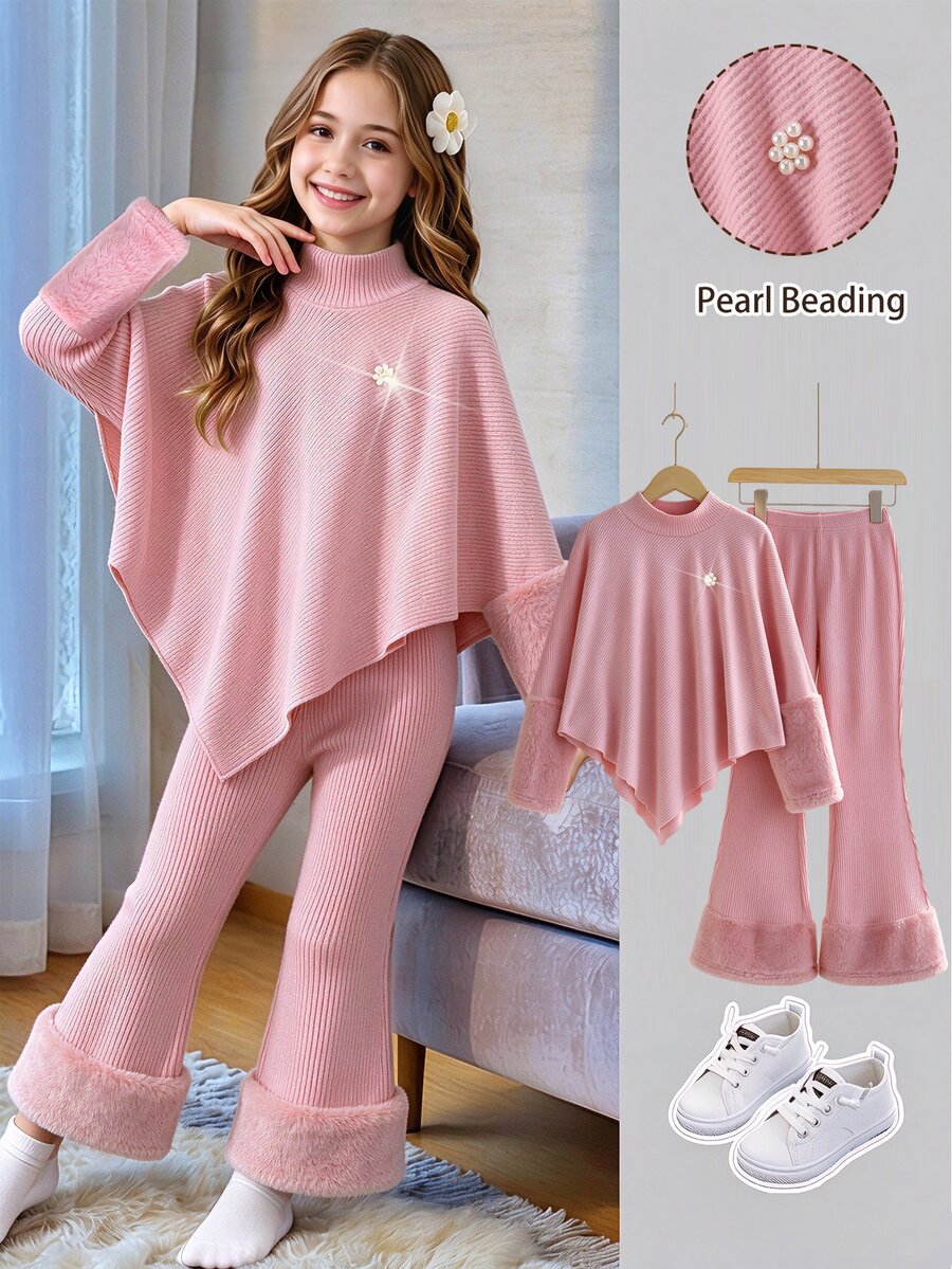 Big Girls Soft Pink Knit Co‑Ord Set Flower‑Form Pearl Embellishment Asymmetrical Hem Top Fuzzy Cuffed Flared Pants Daily Winter Two‑Piece Outfit - Pink - View 1