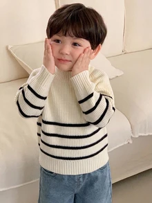 DAZY 嬰兒男童韓式條紋長袖翻領毛衣，秋冬款 - 杏色 - 查看 6