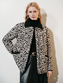 Aveloria Modichic Women's Jacket Loose Straight Quilted Diamond Stitch Lapel Pockets Modern Beige Black Leopard Print Fall Clothes For Women Halloween - Multicolor - View 5