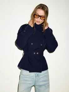 MOTF PREMIUM FRENCH MINIMALIST STAND COLLAR SHORT FITTED WAIST BELTED TRENCH COAT - Navy Blue - View 1