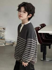 Dazy Kids 青少年男孩簡約條紋拼色長袖舒適毛衣 - 深灰色 - 查看 5