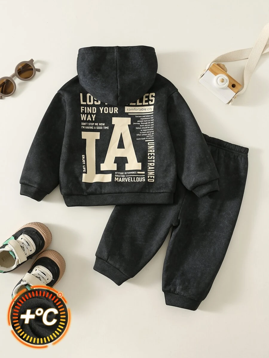 SHEIN 2pcs Baby Boy Autumn/Winter Casual Letter Print Long Sleeve Hoodie & Pants Sports Set - Multicolor - View 1