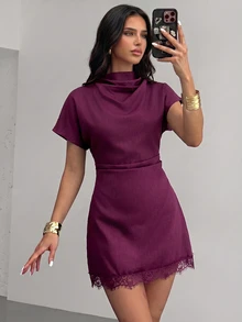 Firerie Women's Vintage Lace Patchwork Pleated Dress - Red Violet - View 7