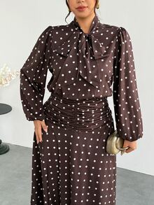 Firerie Plus Size Women Polka Dot Pleated Casual Party Dress - Multicolor - View 2