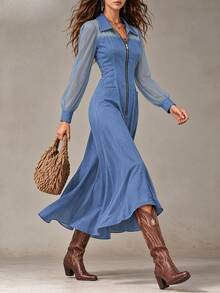 SHEIN Women's Autumn/Winter Fashion Casual Elegant Commute Mesh Patchwork Long Blue Open Front Dress - Blue - View 4
