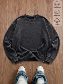 EASEVO Herr sweatshirt i plus size, avslappnad rundhals, enfärgad med kontrasterande patchwork, vår/höst/vinter - Svart - Visa 2