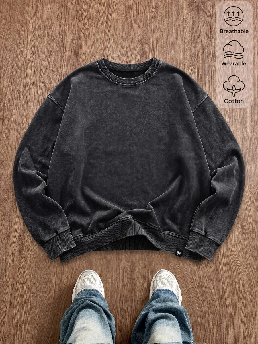 EASEVO Men's Plus Size Casual Crew Neck Pullover Sweatshirt, Solid Color With Contrast Patchwork, Spring/Autumn/Winter - Black - View 1