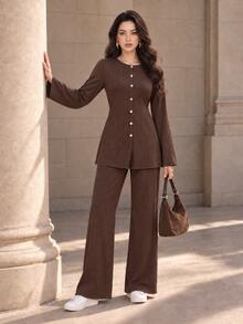 Graceveil Women's Minimalist Button Long Sleeve Top And Pants 2 Pieces Set - Coffee Brown - View 2