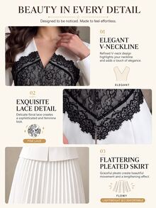 Modelyn New Woven Cardigan Long Sleeve Lace Patchwork Design Pleated Bottom Elegant Commute Fashion Versatile Long Women's 2 Pieces Set - White - View 7
