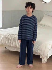 Dazy Kids Tween Boy Striped Long Sleeve Top And Pants Casual Daily Home Sleepwear Set - Navy Blue - View 5